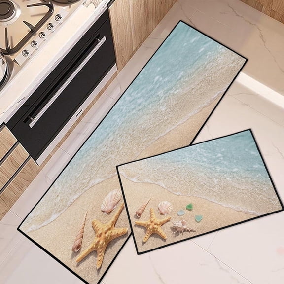 Summer Beach Kitchen Rugs and Mats Non Skid Washable Set of 2, Seashore Starfish Shell Mats for Floor, Tropical Beach Runner Rug, Summer Kitchen Decor