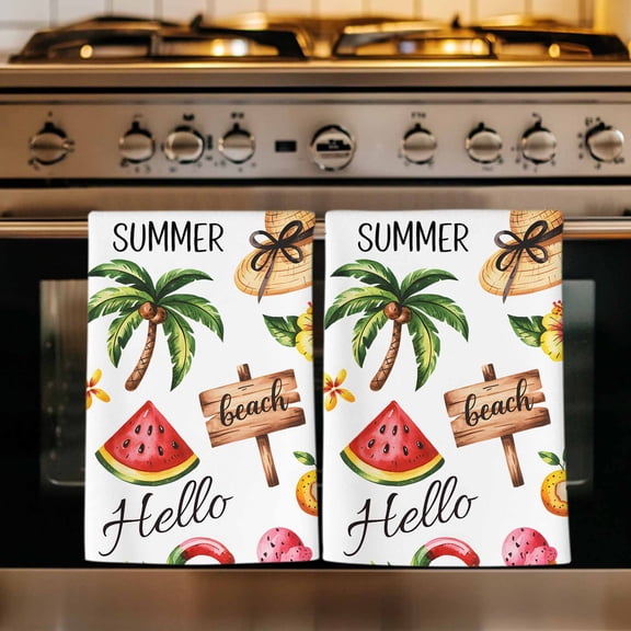 Summer Beach Kitchen Towels Set of 2, Tropical Coconut Watermelon Straw Hat Absorbent Dish Towels for Kitchen, Microfiber Hand Towel, Quick Drying Tea Towel for Cleaning Decorative Dishcloths