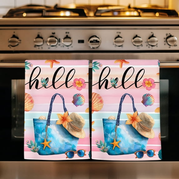Summer Beach Kitchen Towels Set of 3, Ocean Shells Starfish Bag Stripe Rainbow Absorbent Dish Towels for Kitchen, Microfiber Hand Towel, Quick Drying Tea Towel for Cleaning Decorative Dishcloths