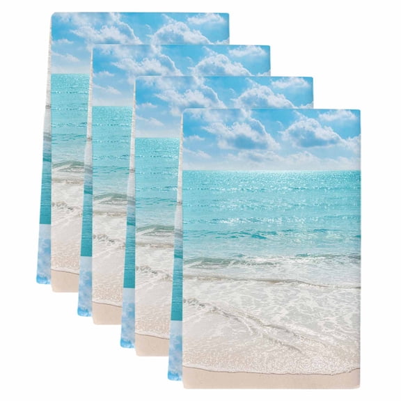 Summer Beach Kitchen Towels Set of 4, Absorbent Microfiber Dish Tea Towels with Hanging Loop, Blue Coastal Ocean Seaside Nautical Resuable Hand Towel for Home Kitchen Cooking Cleaning 18"x28"