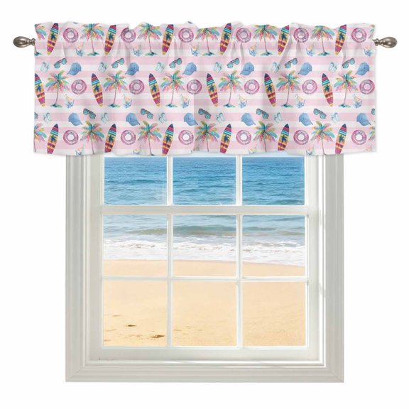 Summer Beach Kitchen Valances for Windows 54x18 Inch Kitchen Curtains Valances Rod Pocket Surfboard Palm Ship Sunglasses Pink Striped Bathroom Window Valances for Window Treatment Decor