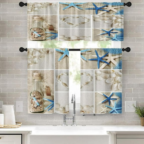 Summer Beach Kitchen Window Curtains Valance and Tier Set 36 Inch, Sea Shell Starfish Rod Pocket Short Tier Curtain for Bathroom, Tropical Small Cafe Drapes for Kitchen Decor