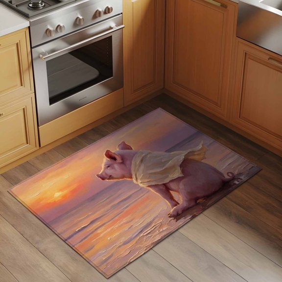Summer Beach Landscape 2x3 Rug for Entryway Front Door Kitchen Sink Area, Watercolor Funny Pig Fantasy Sunset Low Pile Washable Non Slip Rectangle Area Rug