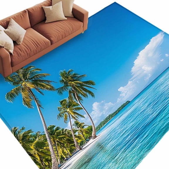 Summer Beach Landscape Area Rug 8x10ft Coastal Ocean Green Palm Tree Blue Wave Sky Non-Slip Washable Square Rugs Soft Felt Indoor Floor Mat for Bedroom Kitchen Living Room Bathroom