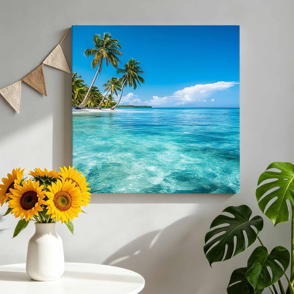 Summer Beach Landscape Canvas Wall Art, Coastal Ocean Green Palm Tree Blue Wave Sky Pictures Wall Decor Wooden Framed Artwork Art Prints for Living Room Hallway Bedroom Office 8"x8"