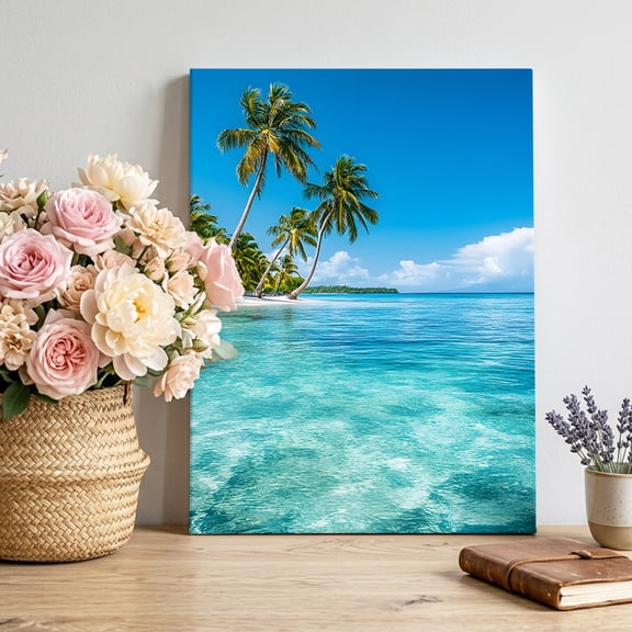 Summer Beach Landscape Canvas Wall Art, Coastal Ocean Green Palm Tree Blue Wave Sky Pictures Wall Decor Wooden Framed Artwork Art Prints for Living Room Hallway Bedroom Office 24"x32"