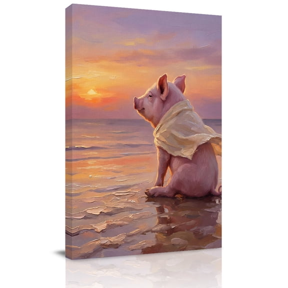 Summer Beach Landscape Canvas Wall Art for Living Room, Watercolor Funny Pig Fantasy Sunset Wall Decor Framed Artwork Pictures Ready to Hang for Bedroom Office Home Decor