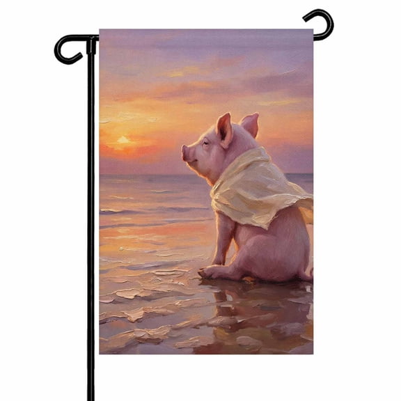 Summer Beach Landscape Garden Flag 12x18 Inch Watercolor Funny Pig Fantasy Sunset Double Sided Small Decorative Garden Flags for Outside, Outdoor Yard Porch Lawn Decoration