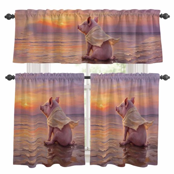 Summer Beach Landscape Kitchen Curtains Valances and Tiers Set of 3 Watercolor Funny Pig Fantasy Sunset Tier Curtains and Valance with Rod Pocket for Small Windows, 27.5"x36"