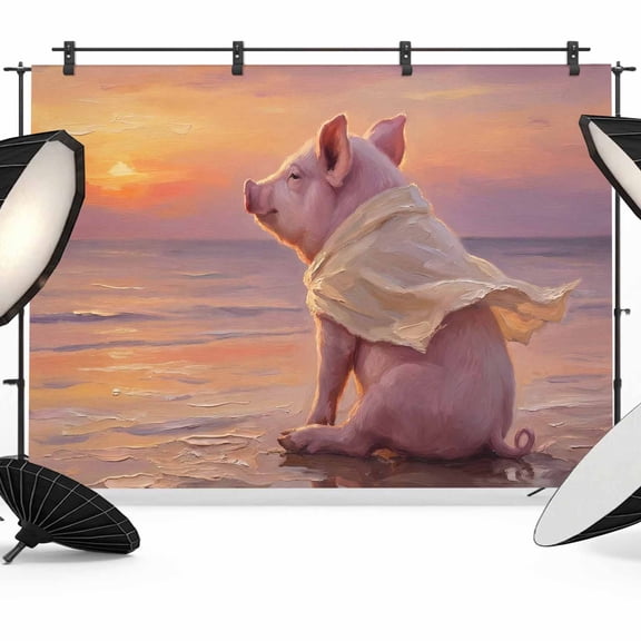 Summer Beach Landscape Photography Backdrop 7x5FT, Watercolor Funny Pig Fantasy Sunset Photo Backdrops, Background for Photography Studio Photo Studio Background, Back Drop for Photoshoot