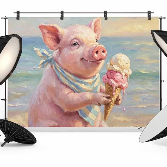 Summer Beach Landscape Photography Backdrop 7x5FT, Watercolor Ice Cream Funny Pig Photo Backdrops, Background for Photography Studio Photo Studio Background, Back Drop for Photoshoot