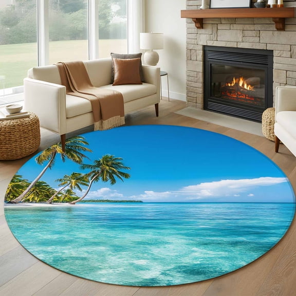 Summer Beach Landscape Round Living Room Rugs 8 ft, Coastal Ocean Green Palm Tree Blue Wave Sky Washable Large Area Rug with Non-Slip Sturdy Edge Binding Round Carpet for Dining Room Kitchen Office