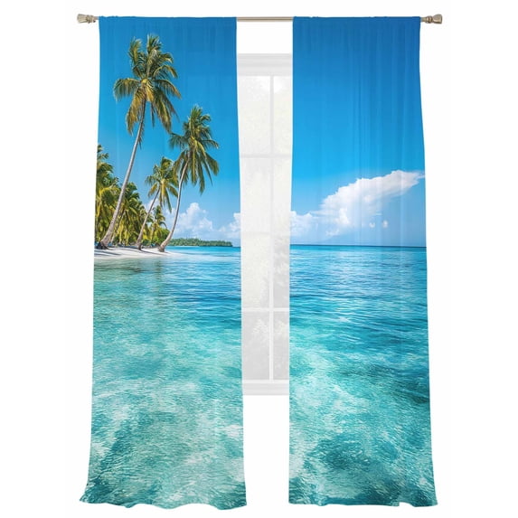 Summer Beach Landscape Sheer Curtains 108 Inch Long 2 Panels, Coastal Ocean Green Palm Tree Blue Wave Sky Light Filtering Rod Pocket Curtains, Sheer Voile Drapes for Living Room Bedroom, 52"x108"