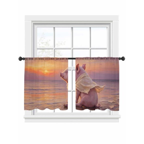 Summer Beach Landscape Sheer Curtains 2 Panels Set Watercolor Funny Pig Fantasy Sunset Sheer Window Curtains Light Filtering Rod Pocket Voile Drapes for Bedroom Living Room 52"x54"