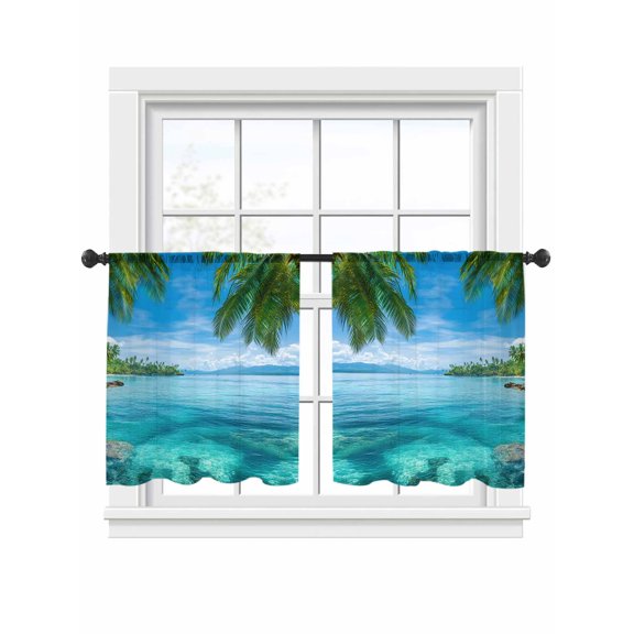 Summer Beach Landscape Sheer Curtains 54 Inch Long 2 Panels, Coastal Ocean Green Palm Tree Wave Blue Sky Light Filtering Rod Pocket Curtains, Sheer Voile Drapes for Living Room Bedroom, 52"x54"