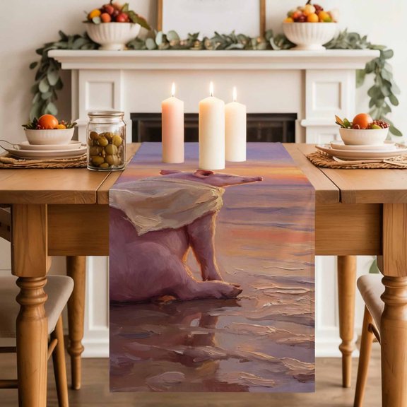 Summer Beach Landscape Table Runner, Watercolor Funny Pig Fantasy Sunset Cotton Linen Kitchen Table Decoration Washable Dining Tabletop Runners for Home Party Decor 16x72 Inches