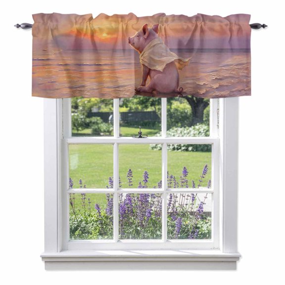 Summer Beach Landscape Valance Curtain for Windows Watercolor Funny Pig Fantasy Sunset Rod Pocket Curtain Valances Short Window Treatments Panels for Kitchen Bathroom Laundry Basement 54 x 18 Inch