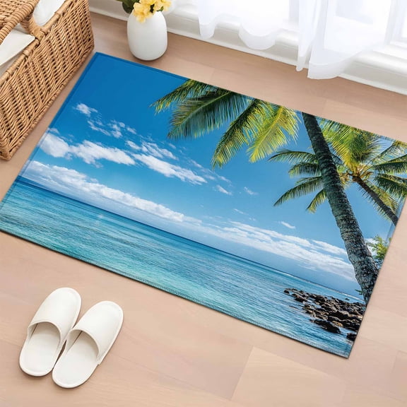 Summer Beach Landscape Washable Small Entryway Area Rugs 2'x3', Coastal Ocean Palm Tree Blue Cloud Sky Wave Low Pile Throw Rug Non-Slip Sturdy Edge Binding Carpet for Front Door Floor Room Entry