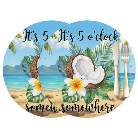 Summer Beach Leather Placemats Set of 2, 12 Inch, It's 5 O'clock Somewhere Tropical Coconut Floral Waterproof Oil-Proof Place Mats, Non-Slip Table Mats for Kitchen, Dining Room, Indoor Outdoor