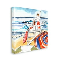 Summer Beach Lifeguard Chair Nautical Watercolor Coastal Gallery-Wrapped Canvas Print Wall Art, 17x17