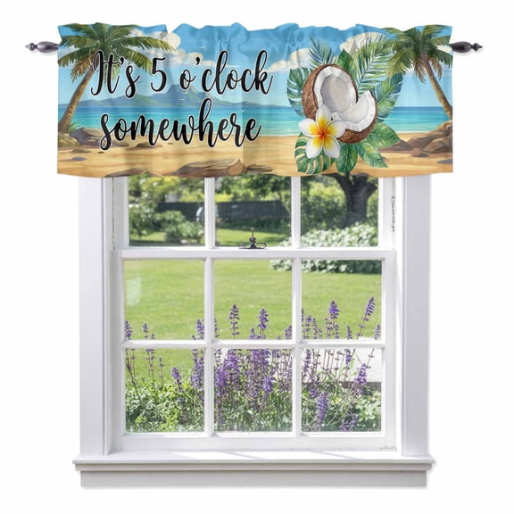 Summer Beach Light Filtering Valance Curtains, It's 5 O'clock Somewhere Tropical Coconut Floral Rod Pocket Short Window Valance for Kitchen and Bathroom Windows 1 Panel 42"x12"