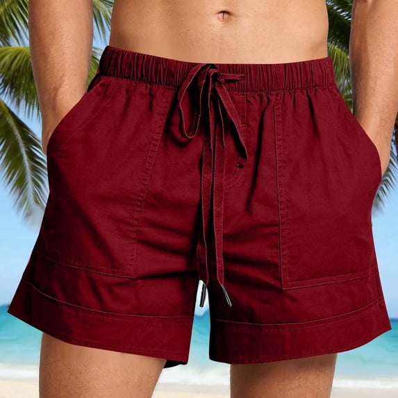 Summer Beach Linen Shorts For Men Solid Color Elastic Drawstring Waist Multi-Pocket Shorts Lightweight Comfortable Casual Shorts Perfect For Seaside Vacation Daily Wear Wine XXL