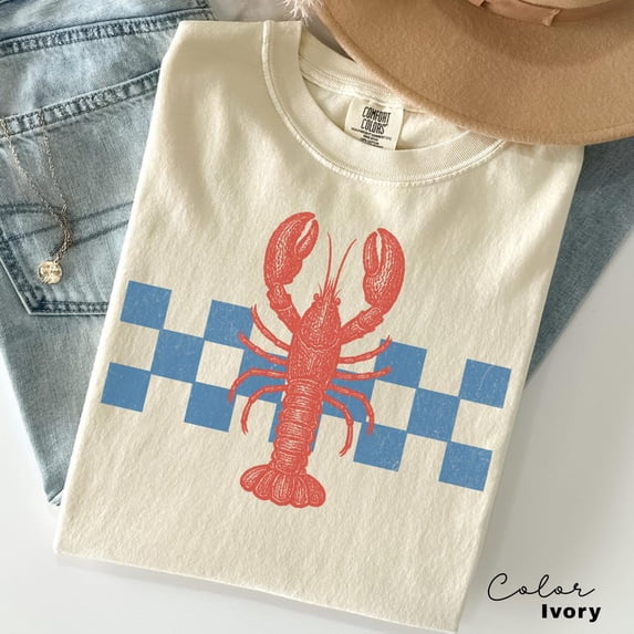 Summer Beach Lobster Shirt Retro 90s Fisherman Aesthetic Checkerboard Vintage Vacation Comfort Colors Unisex Cotton T-Shirt, Size S-3XL
