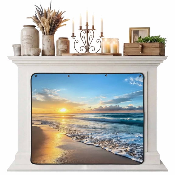 Summer Beach Magnetic Fireplace Cover, Fireplace Draft Blocker, Sunset Ocean Coastal Nautical Fireplaces Blanket for Heat Loss/Cold Air, Fireplaces Draft Stopper Cover for Inside 39"x32"