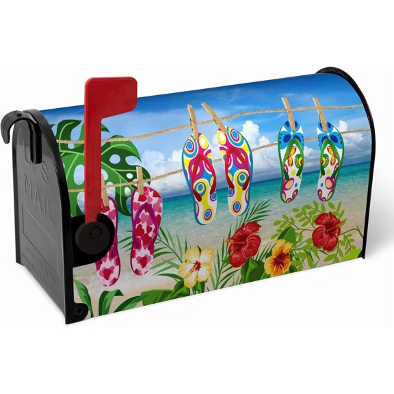 Summer Beach Mailbox Cover Oversized Magnetic Flip Flops Floral Mailbox Wraps Tropical Leaves Palm Tree Coast Post Letter Box Cover Large Size 25.5" X 21" for Home Garden Yard Decorations