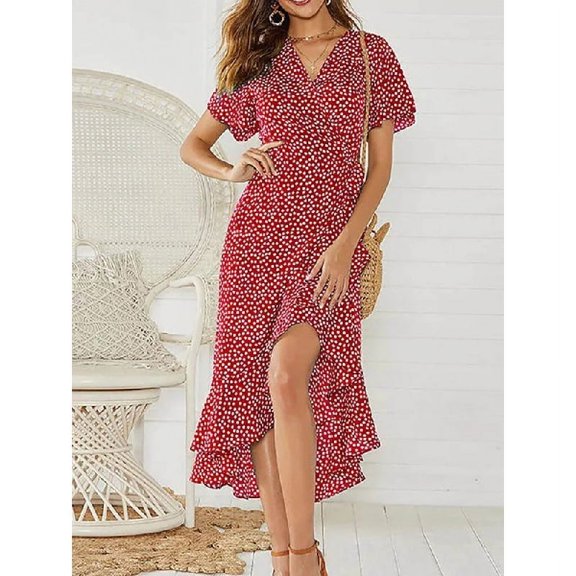 Summer Beach Maxi Dress Women Floral Print Boho Long Chiffon Dress Ruffles Wrap Casual V-Neck Split Sexy Party Dress Robe Femme