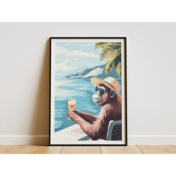 Summer Beach Monkey Art Print Tropical Animal Poster Cool Monkey in Sunglasses and Hat Ocean View Coastal Decor Summer Vibes Vacation Print - Poster Unframed