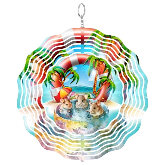 Summer Beach Mouse Family 3D Wind Spinner Kinetic Metal Hanging Vacation Seaside Home Decor Round
