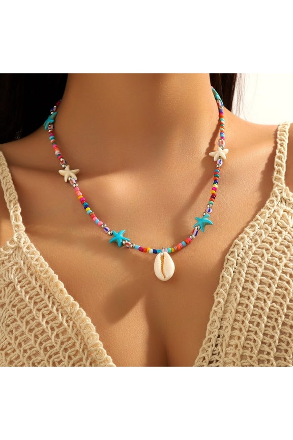 Summer Beach Natural Shell Pendant Glass Seed Beaded Necklaces for Platinum Deep Sky Blue 17.72 inch(45cm) diy