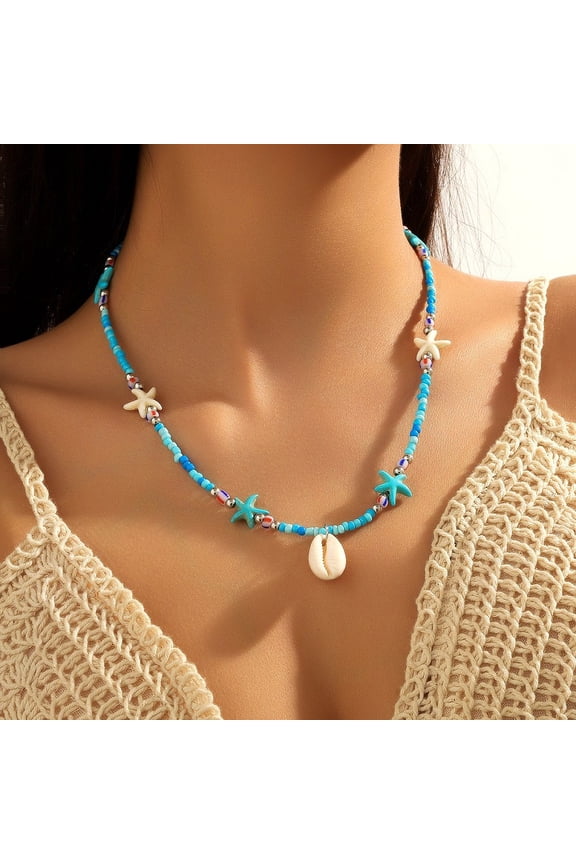 Summer Beach Natural Shell Pendant Glass Seed Beaded Necklaces for Women Platinum Deep Sky Blue 17.72 inch(45cm) diy