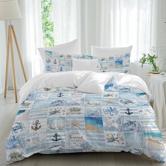 Summer Beach Nautical Anchor Starfish King Size Bed Set,Sea Turtle Coral Blue Plaid Bedding for All Seasons,4 Pcs Bed Set with 1 Quiltcover(90"x106"),1 Sheet(94"x116"),2 Pillowcases(19"x35")