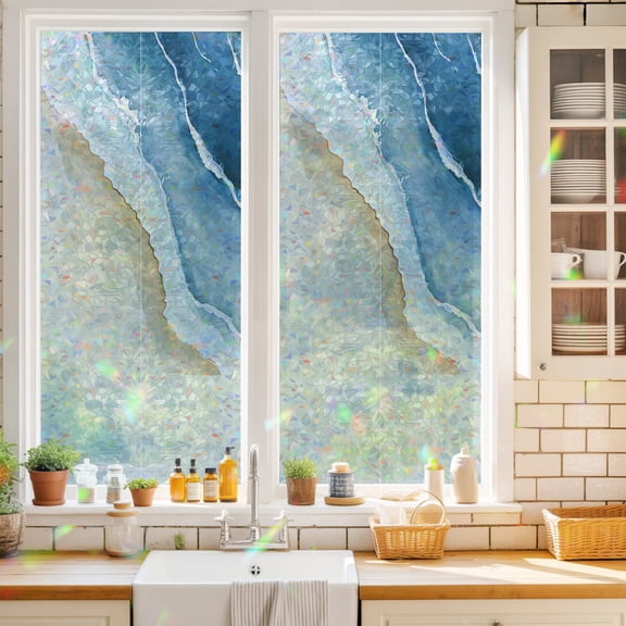 Summer Beach Navy Blue Water Ripples Window Privacy Film,Decorative Windows Static Cling Sea Oil Painting Art Heat Control Removable Glass Sticker for Home Bathroom Bedroom Window Door,17.7x39.3in