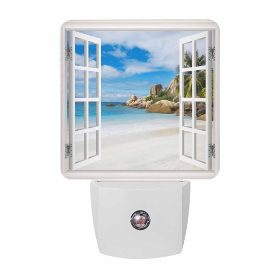 Summer Beach Night Lights Plug Into Wall, LED Dusk to Dawn Sensor Night Light, Coastal Window Seascape Palm Trees Nightlight for Bedroom Bathroom Living Room Hallway Home Wall Decor