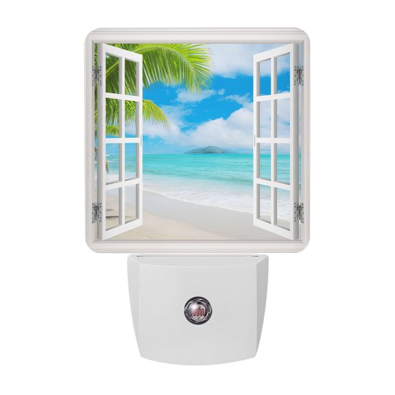 Summer Beach Night Lights Plug Into Wall, LED Dusk to Dawn Sensor Night Light, Turquoise Window Seascape Seaside Palm Tree Nightlight for Bedroom Bathroom Living Room Hallway Home Wall Decor