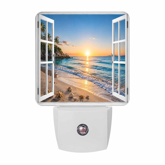 Summer Beach Night Lights, Tropical Coastal Outside Window Ocean View Shell Smart Auto Dusk to Dawn Sensor Nightlights Plug-in Nightlight for Bedroom Bathroom Living Room Kitchen Hallway