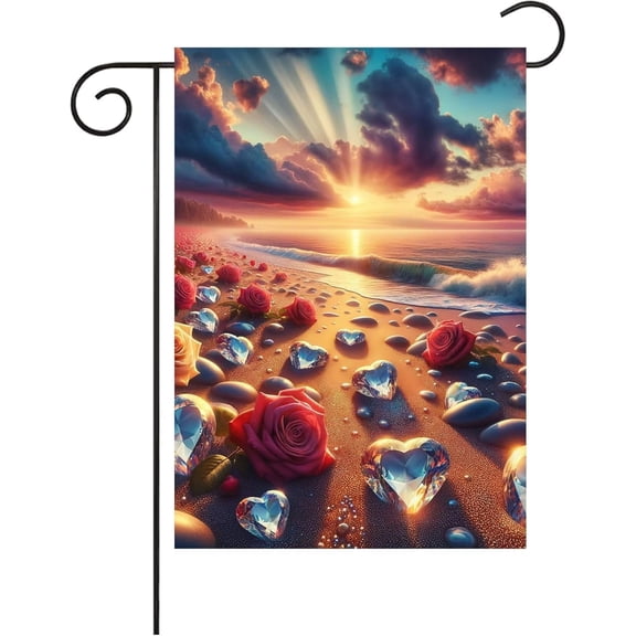 Summer Beach Ocean Heart Crystal Garden Flag 12x18 Inch Small Vertical Double Sided Seasonal Outdoor Farmhouse Yard Decor
