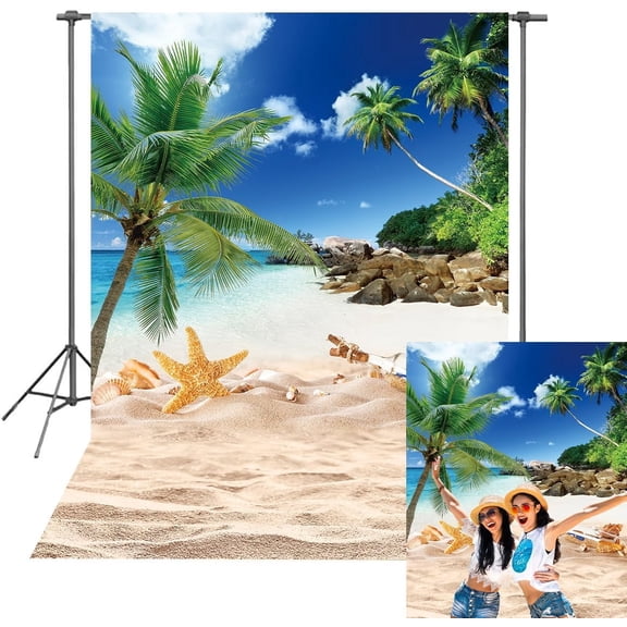 Summer Beach Ocean Photography Backdrop 5x7 FT, Blue Sky and Palm Tree Background for Outdoor Party and Wedding Decoration