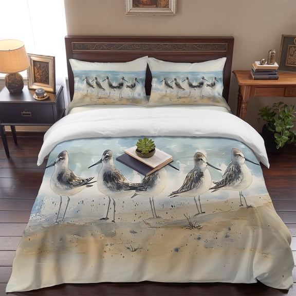 Summer Beach Ocean Seagull Queen Size Bed Set,Seaside Bird Oil Painting Art Bedding for All Seasons,4 Pcs Bed Set,1 Quiltcover (90"x90"),1 Sheet (90"x102"),2 Pillowcases (20"x30")