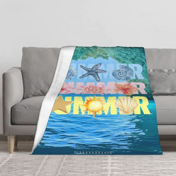 Summer Beach Ocean Shells Starfish Flannel Throw Blanket, Soft Warm Cozy Plush Microfiber Blankets for Couch Sofa Bed, Cute Sea Turtle Sun Decorative Blanket for Kids Adults Travel Camping
