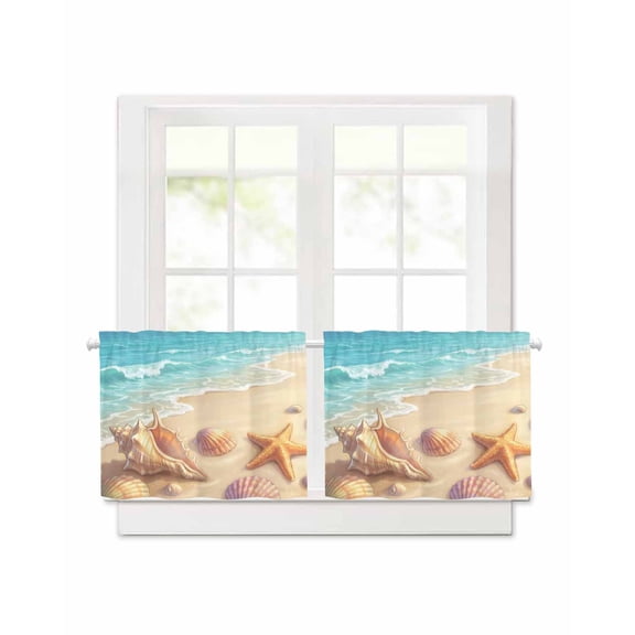 Summer Beach Ocean Starfish Conch Short Blackout Curtains 24 Inch Long,Marine Theme Sea Shell Rod Pocket Kitchen Curtains,2 Panels Thermal Insulated Room Darkening Drapes for Bedroom,30"W x 24"L