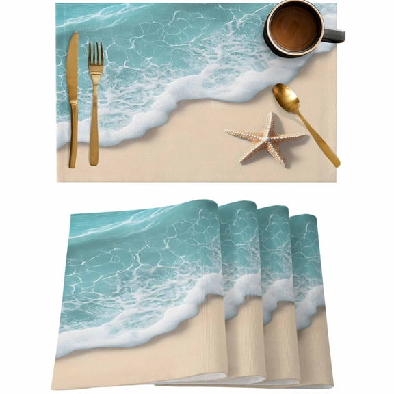 Summer Beach Ocean Starfish Placemats Set of 4,Wipeable Washable Table Mats for Dining Tables,Teal Water Wave Sand Place Mats for Kitchen Event Party Tabletop Decor