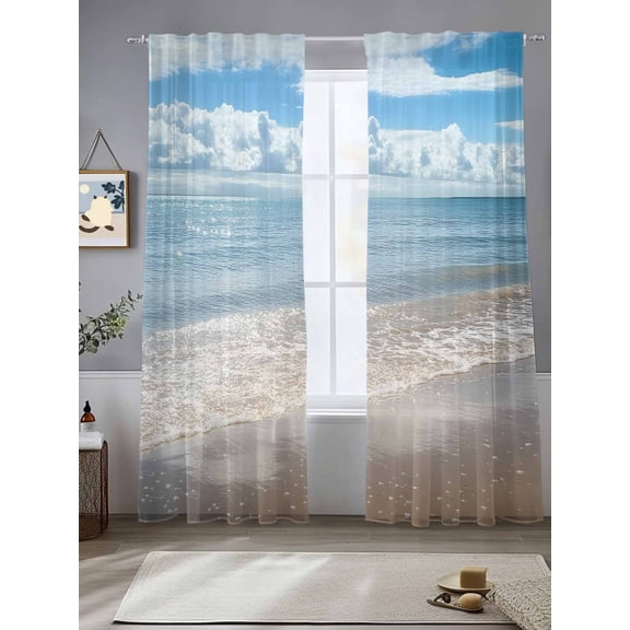 Summer Beach Ocean Wave Chiffon Sheer Curtains 84 Inches Long Coastal Seaside Scenery Theme Rod Pocket Window Curtains Voile Drapes Curtains for Living Room Bedroom,2 Panels