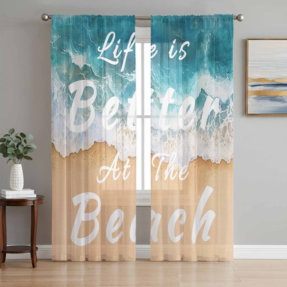 Summer Beach Ocean Wave Chiffon Sheer Curtains 84 Inches Long, Watercolor Nautical Coastal Theme 2 Rod Pocket Window Treatment Voile Drapes Curtains for Living Room Bedroom,2 Panels, 52x84In