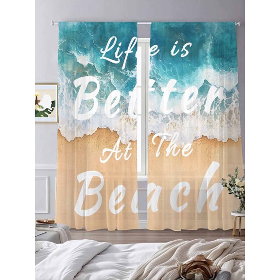 Summer Beach Ocean Wave Sheer Curtains 2 Panels Set Watercolor Nautical Coastal Theme Lihgt Filtering Rod Pocket Voile Drape,Semi Sheer Window Curtains for Bedroom Living Room,52"x84"