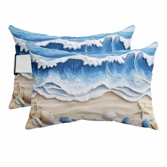 Summer Beach Outdoor Chaise Lounge Pillows Seashell Starfish Nautical Coastal Lumbar Pillows with Insert Adjustable Elastic Strap Headrest Pillow for Recliner Patio Chair 2 Pack 12x20 Inch