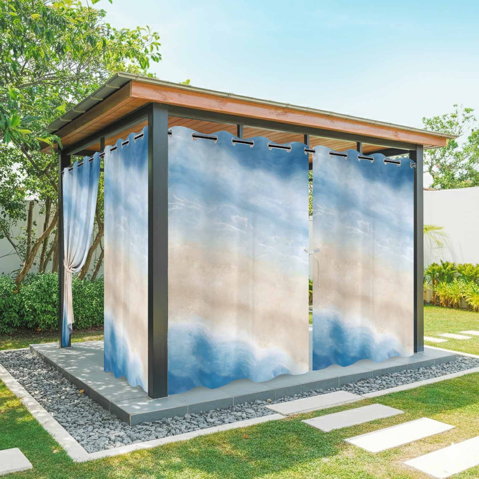 Summer Beach Outdoor Curtains for Patio, Dark Blue Gradient Ocean Wave Beige Sand Abstract Sunshade Privacy Drapes Grommet Waterproof Outside Curtains for Porch/Cabana/Balcony 54"x 108", 1 Panel
